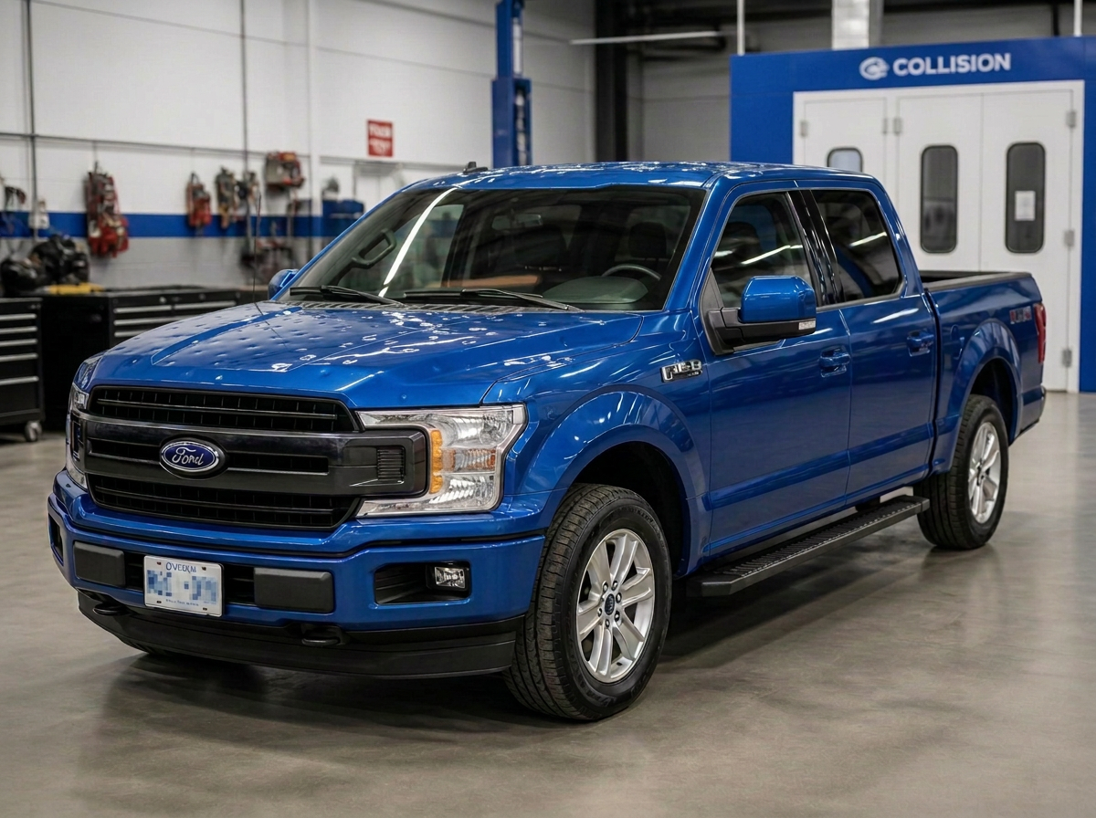 Blue Ford F-150 with hail dents across the hood and cab roof