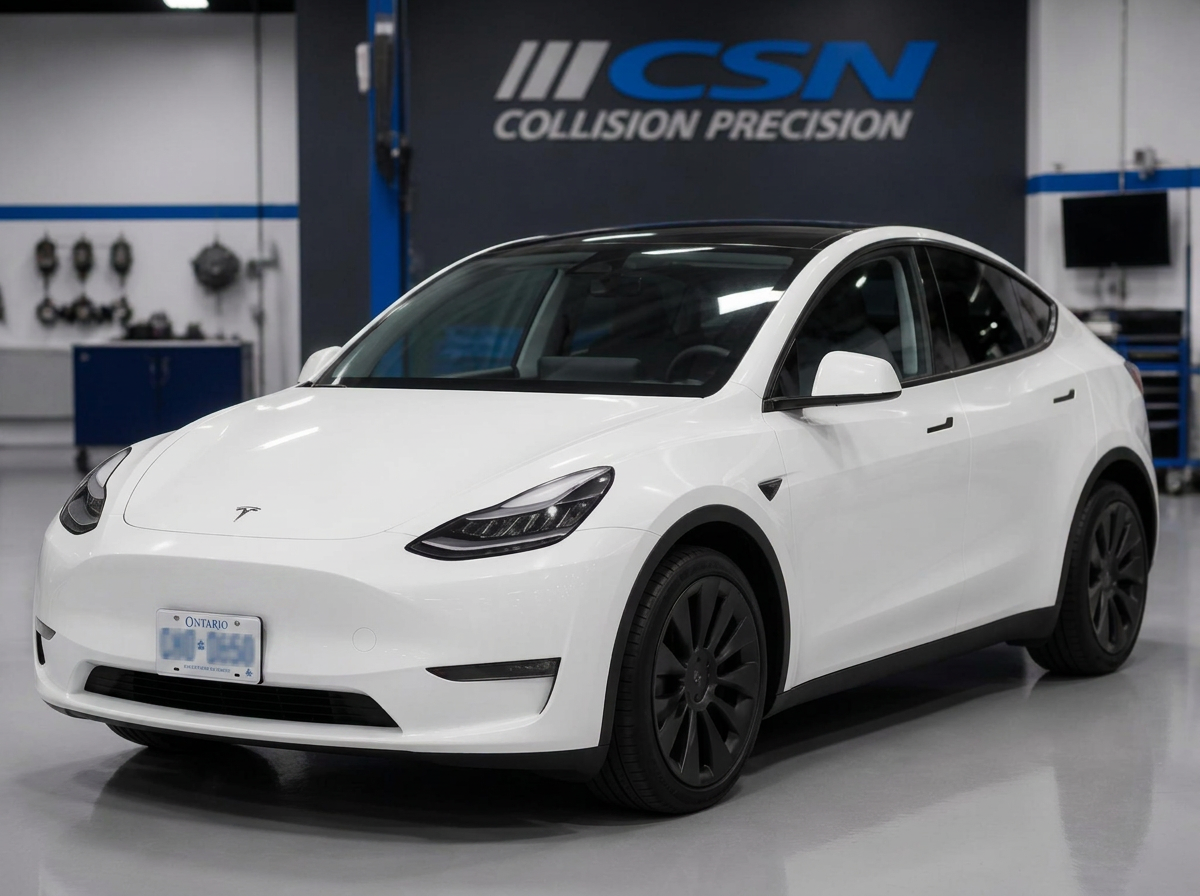 The same Tesla Model Y after paintless dent repair with a smooth factory finish