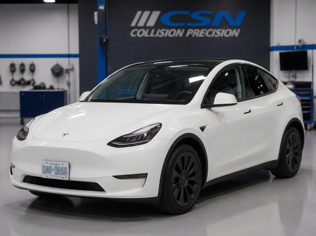 White Tesla Model Y with hail dents across the hood and roof